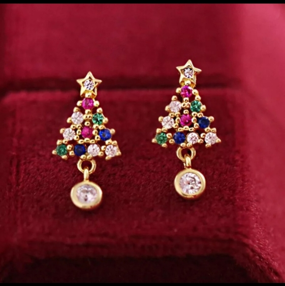 Dainty Gold Rhinestone Crystal Christmas Tree Stud Earrings - Picture 1 of 8